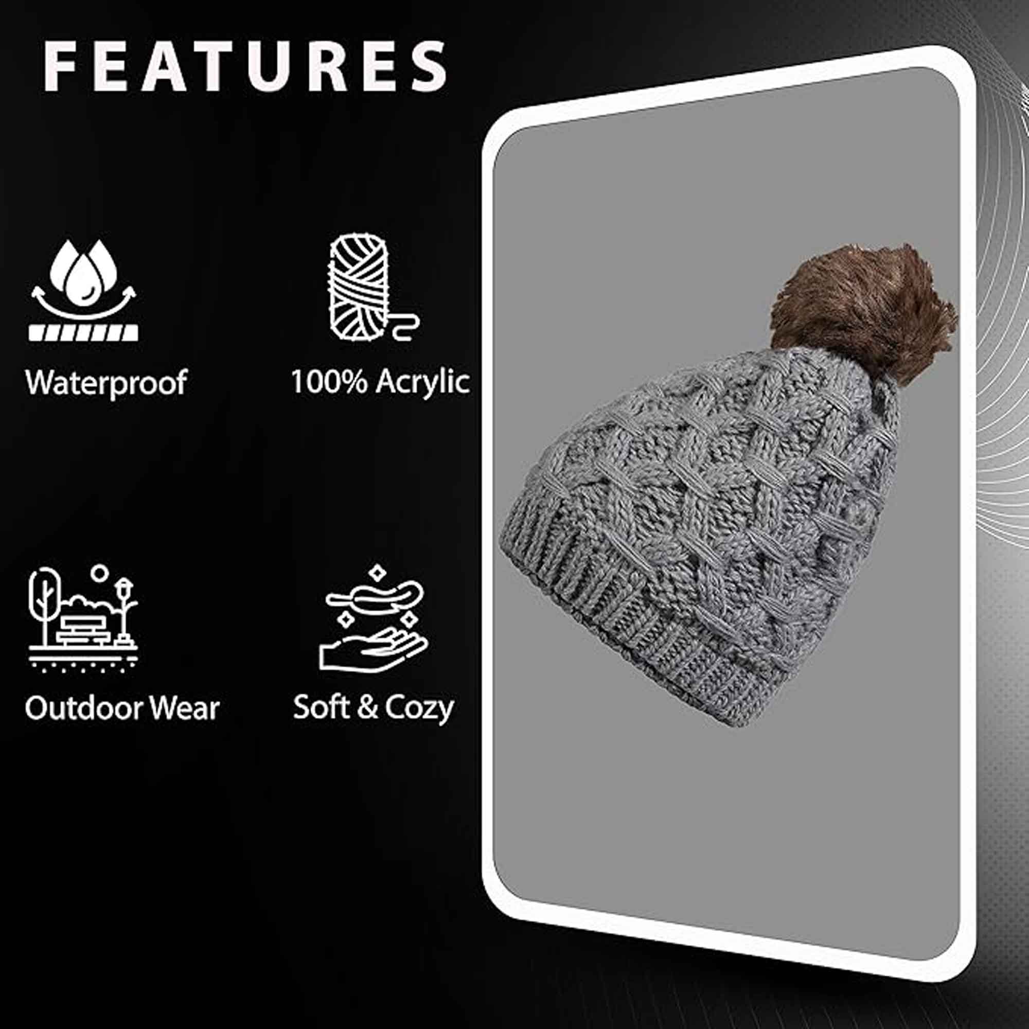 Women's Waterproof Thinsulate Insulated Chunky Beanie Hat With Pom Pom Cable