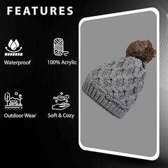Women's Waterproof Thinsulate Insulated Chunky Beanie Hat With Pom Pom Cable