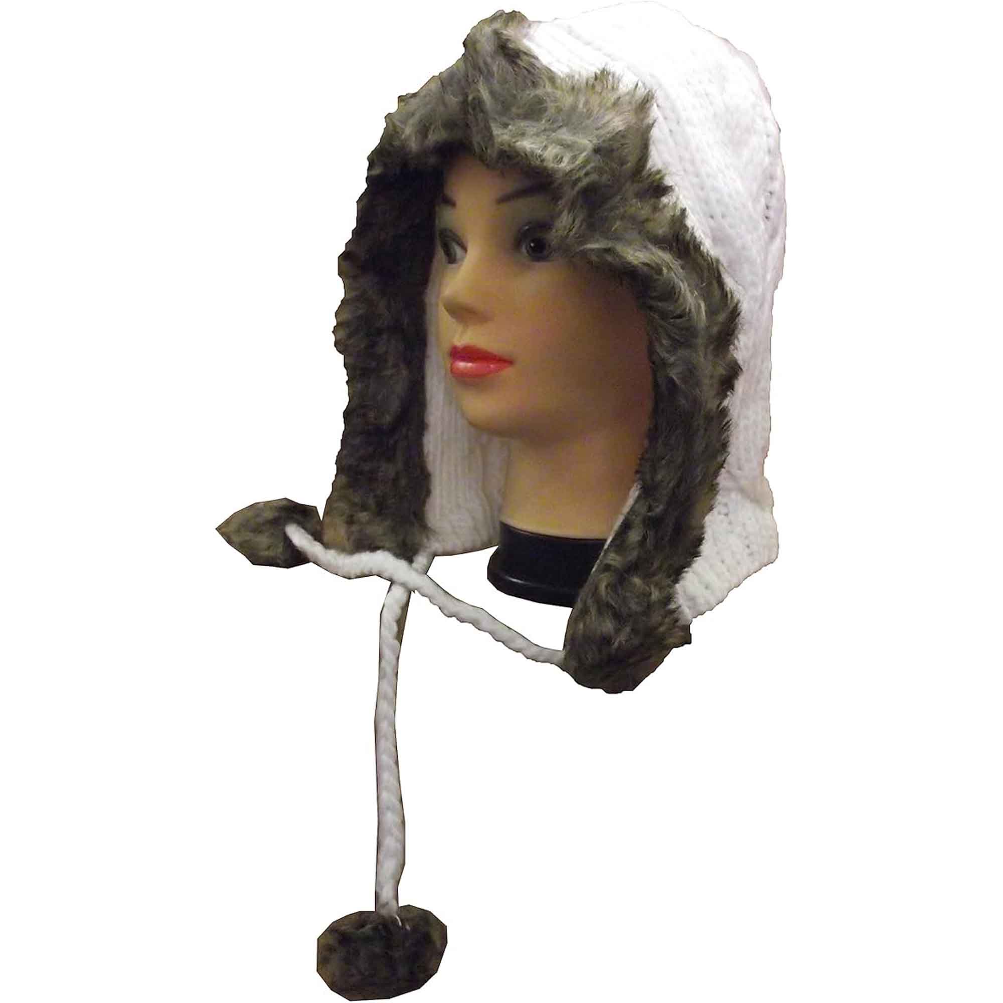 Women's Winter Chunky Knit Hood Hat With Faux Fur Trim And Pom Poms