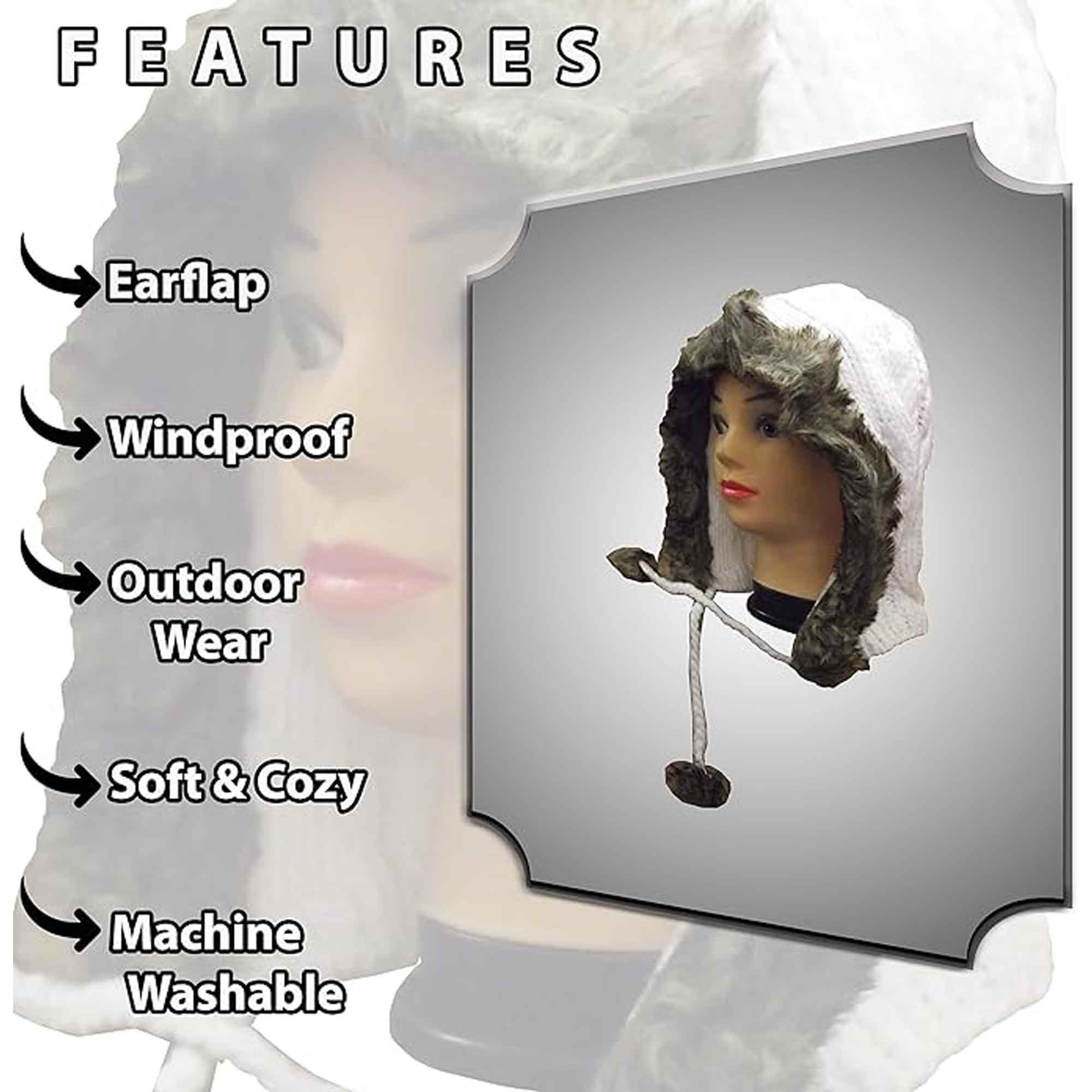 Women's Winter Chunky Knit Hood Hat With Faux Fur Trim And Pom Poms