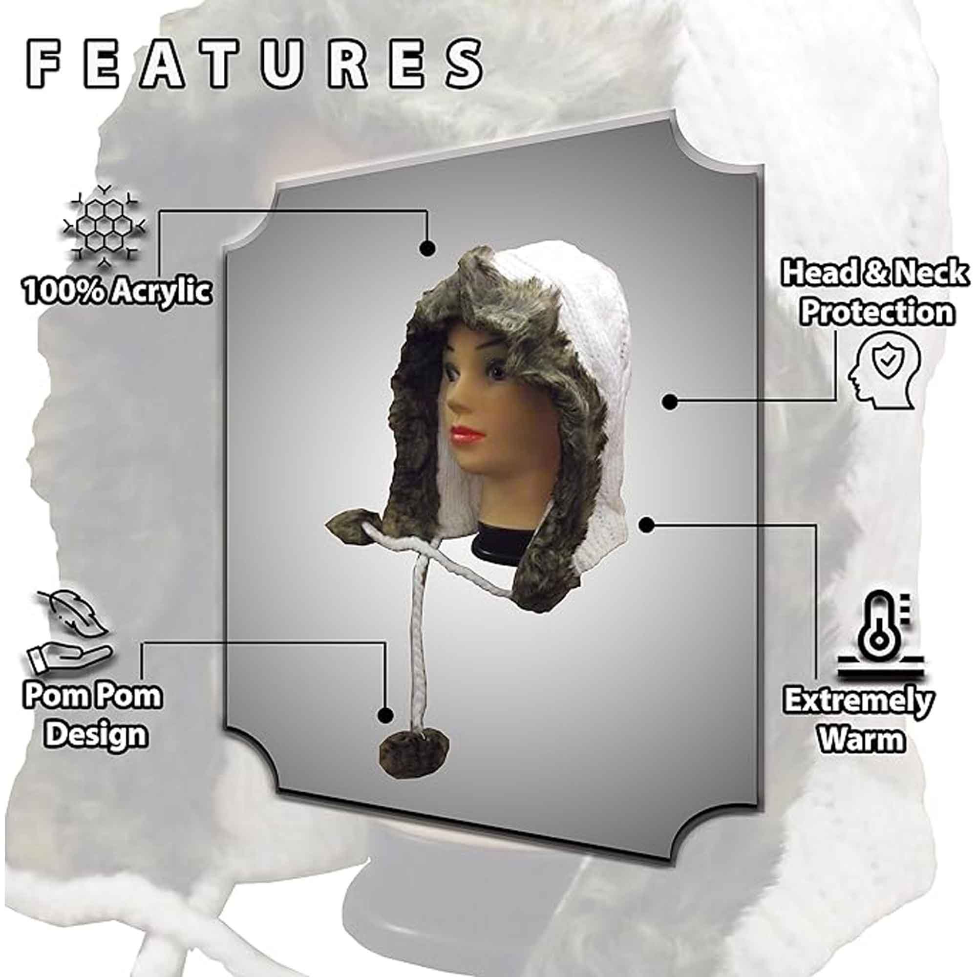 Women's Winter Chunky Knit Hood Hat With Faux Fur Trim And Pom Poms