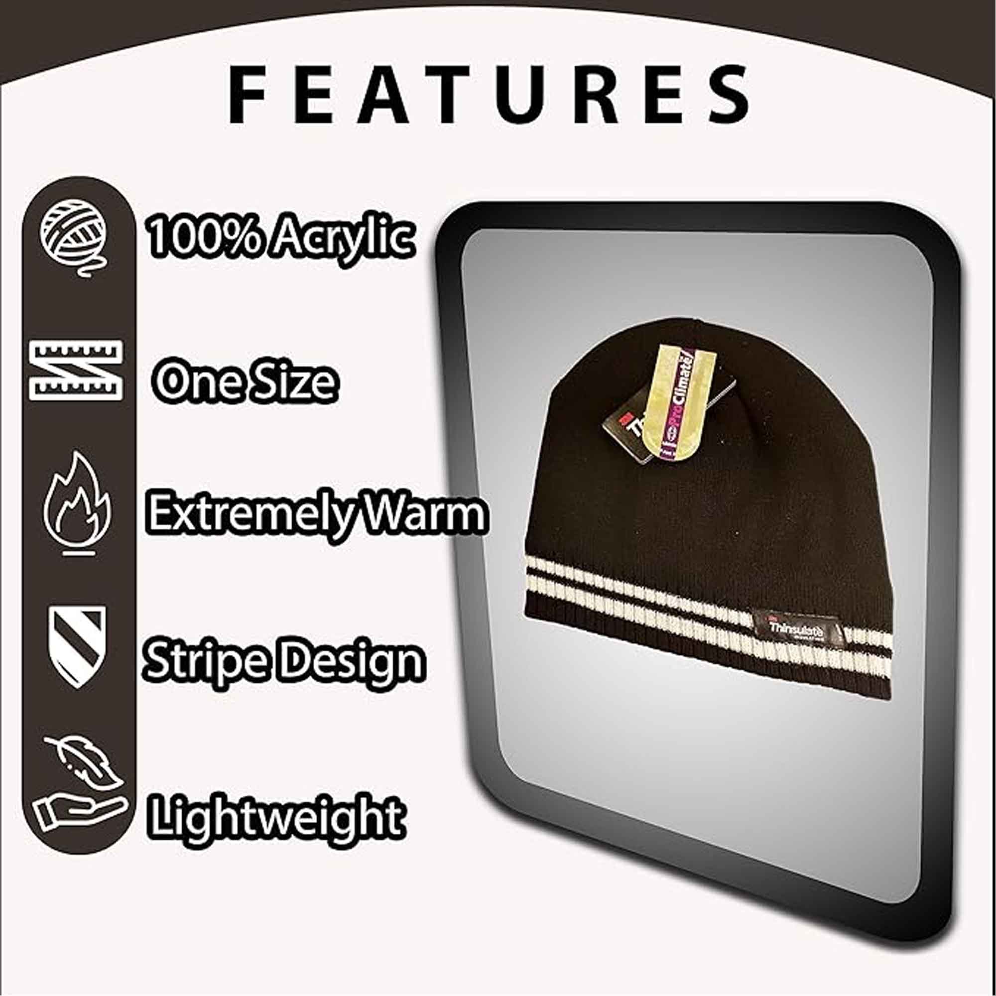 Women's Thermal Beanie Hat With 3M Thinsulate Insulation Stripe Design Acrylic Winter