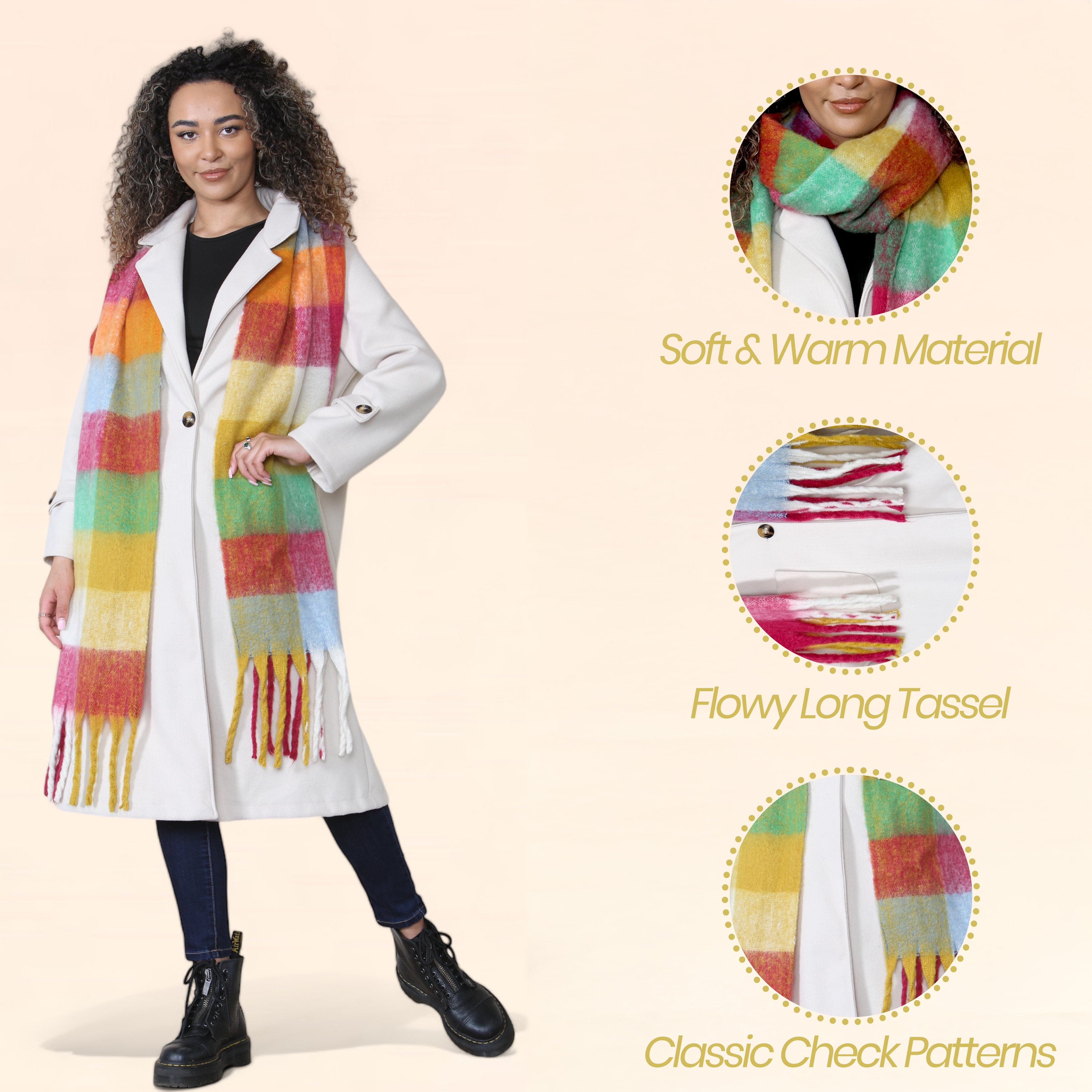 Women’s Blanket Scarf Yellow Burgundy Chunky Knit Plaid Long Winter Wrap