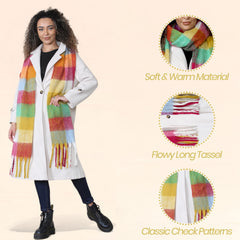 Women’s Blanket Scarf Yellow Burgundy Chunky Knit Plaid Long Winter Wrap