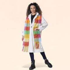 Women’s Blanket Scarf Yellow Burgundy Chunky Knit Plaid Long Winter Wrap
